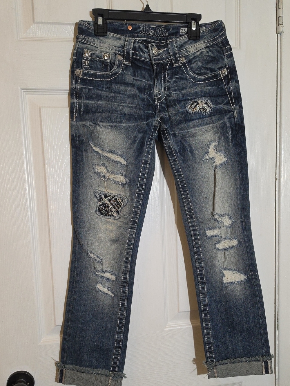 Miss Me Women's Distressed Cropped Jeans - Dark Blue Size 25